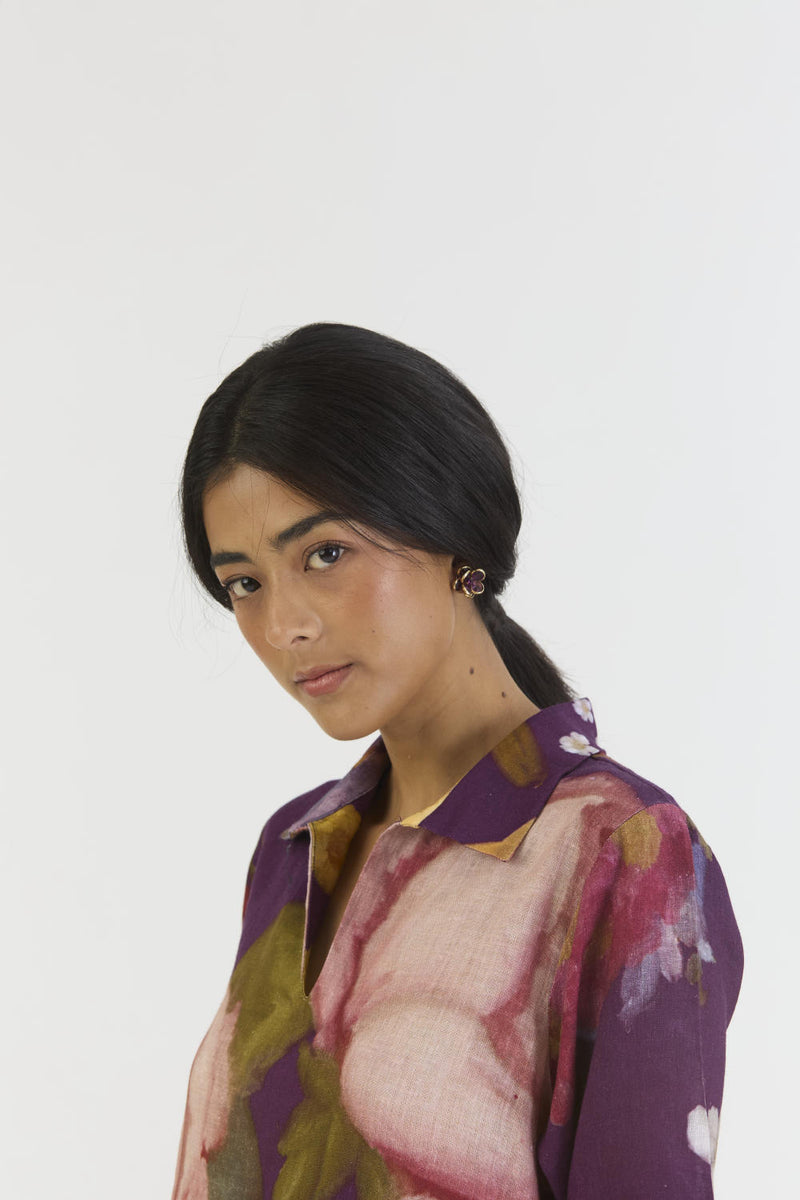 JAMUN SHORT COLLARED DRESS linen by Yam in purple color for women in Singapore