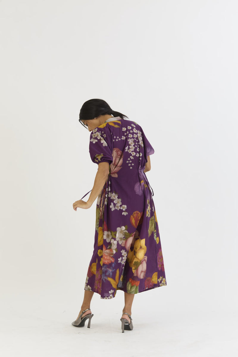 JAMUN SIDE TIE UP DRESS cotton by Yam in purple color for women in Singapore