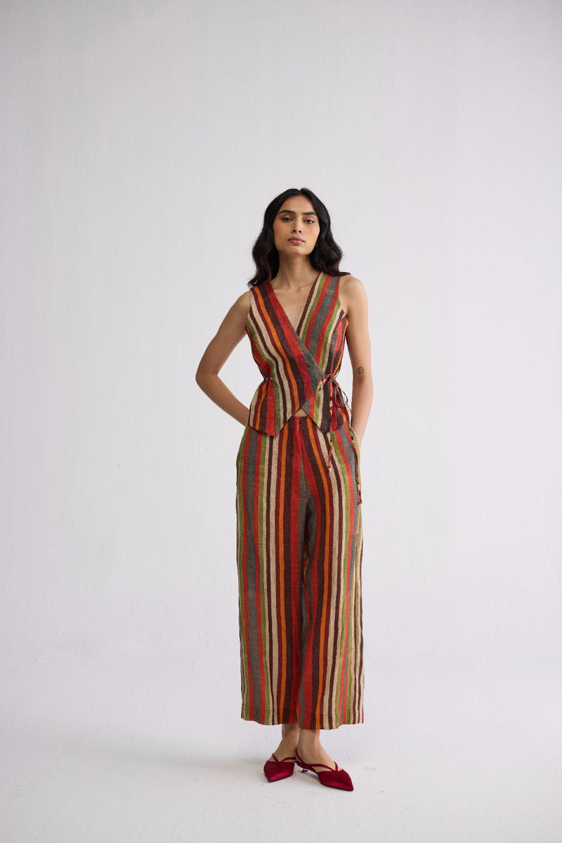 JILIAN TIE UP WAISTCOAT & PANTS SET linen co-ord set by YAM in multicolor for women in Singapore