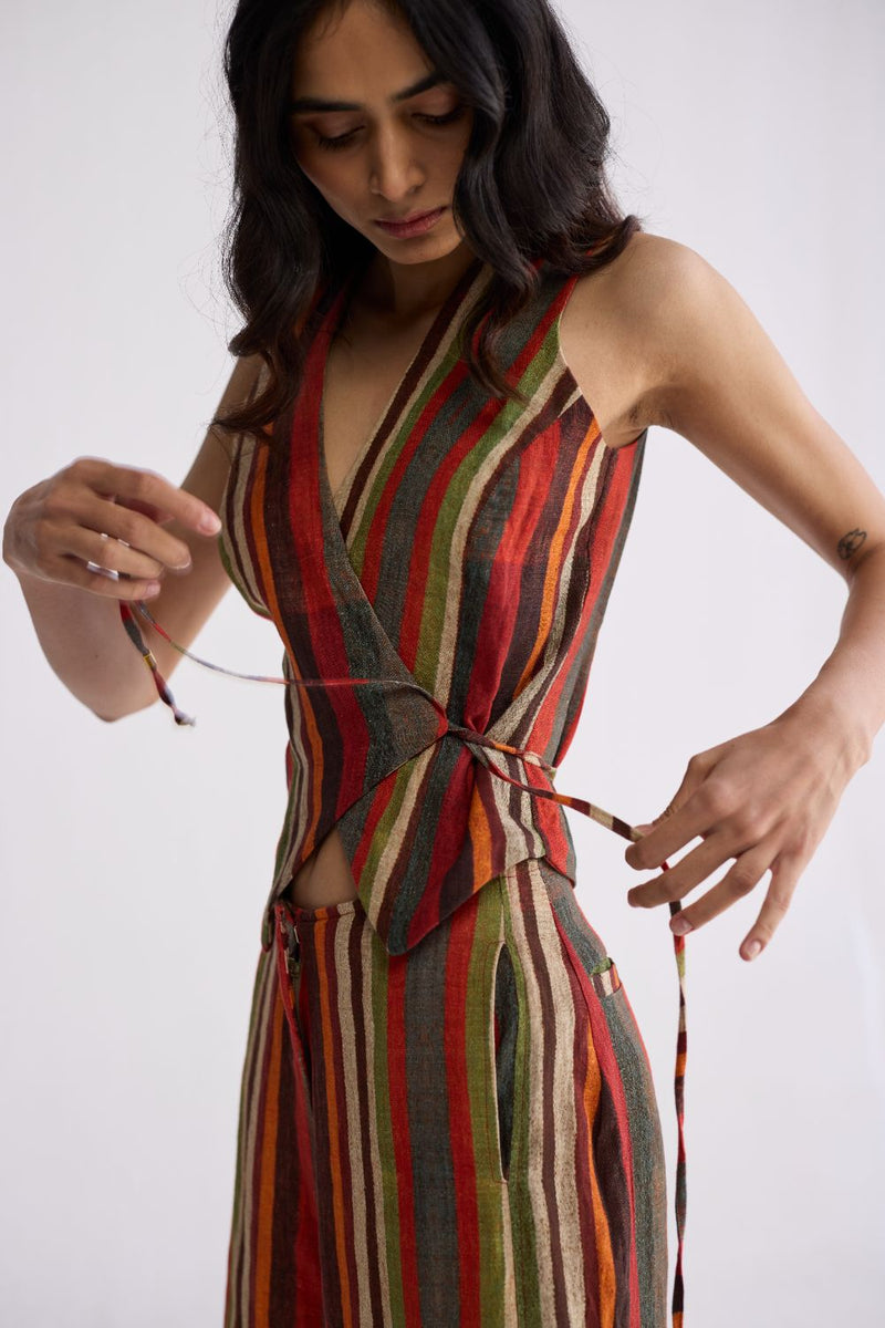 JILIAN TIE UP WAISTCOAT & PANTS SET linen co-ord set by YAM in multicolor for women in Singapore