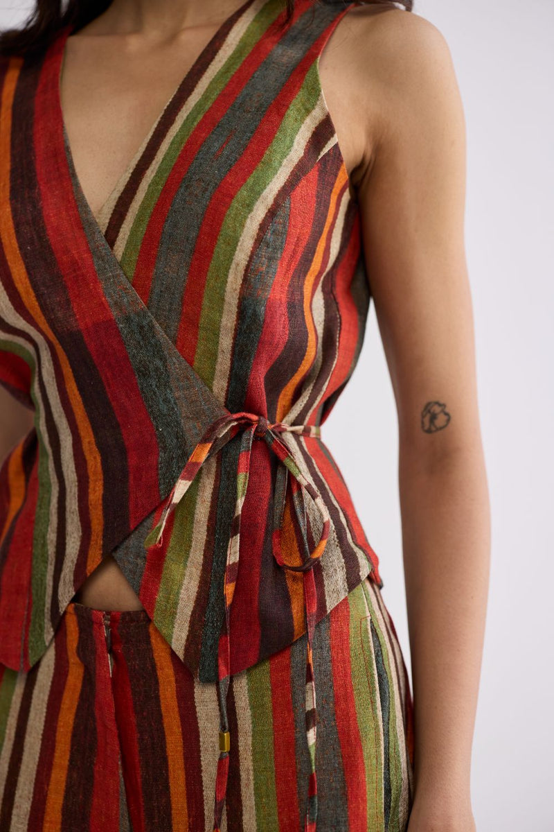 JILIAN TIE UP WAISTCOAT & PANTS SET linen co-ord set by YAM in multicolor for women in Singapore