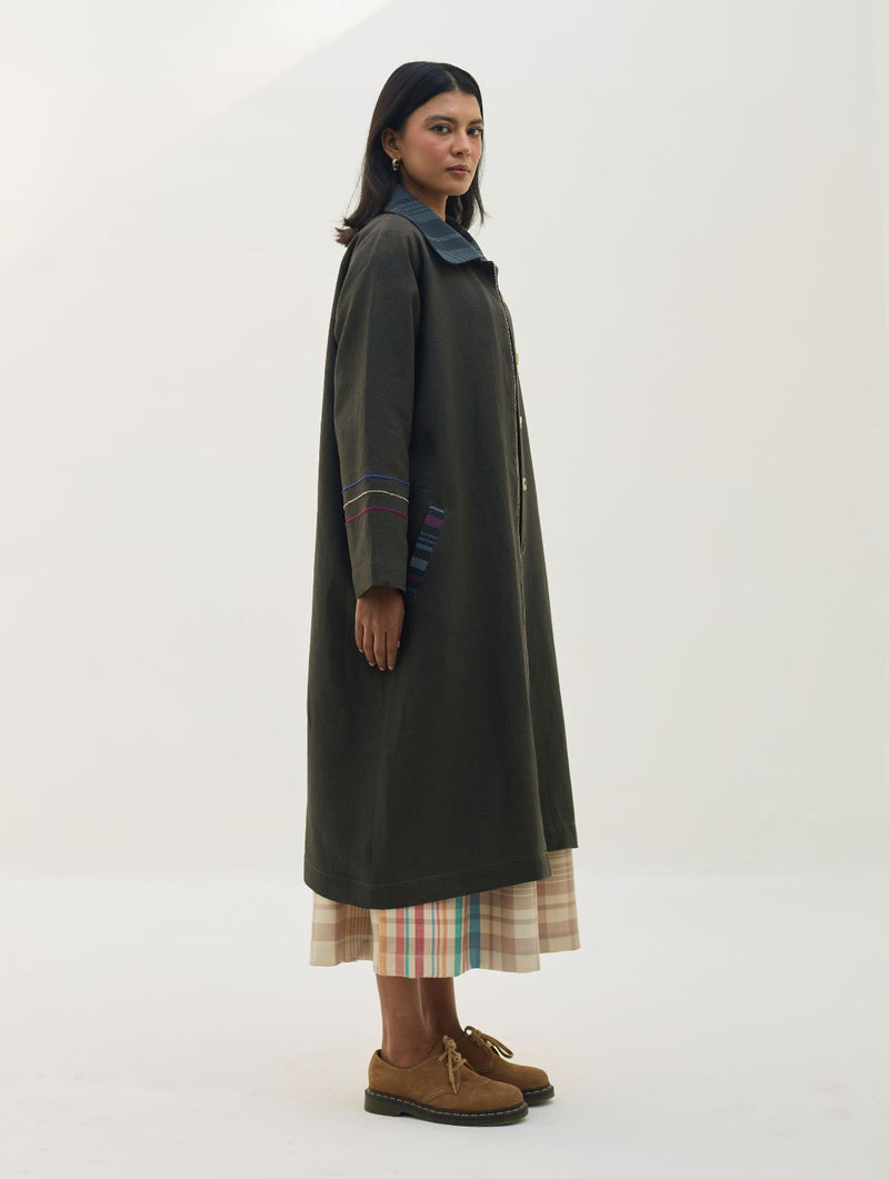 Juniper Linen Coat - Olive Charcoal all linen by Manan in charcoal color for women in Singapore