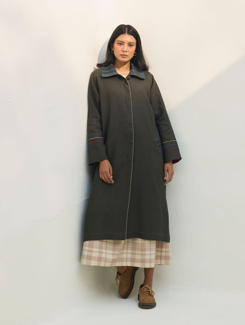 Juniper Linen Coat - Olive Charcoal all linen by Manan in charcoal color for women in Singapore