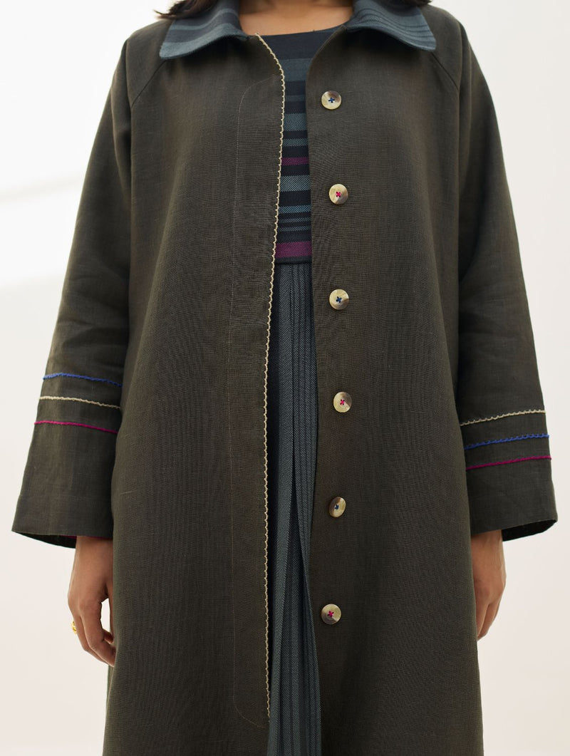 Juniper Linen Coat - Olive Charcoal all linen by Manan in charcoal color for women in Singapore