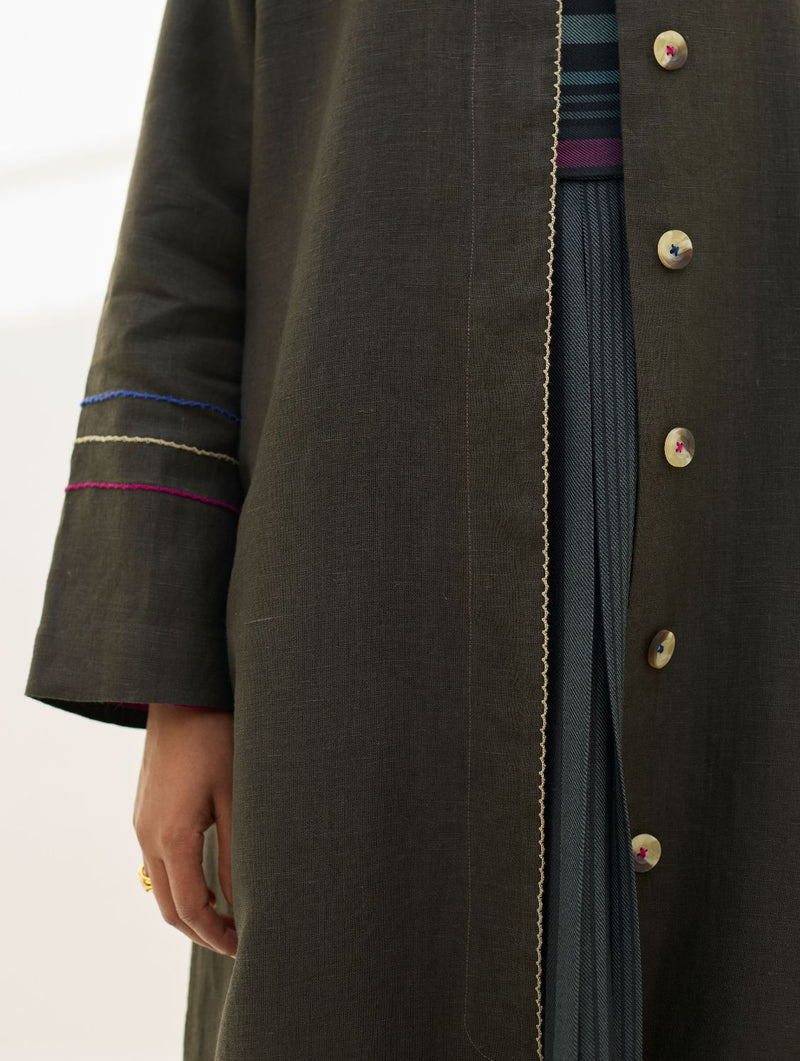 Juniper Linen Coat - Olive Charcoal all linen by Manan in charcoal color for women in Singapore