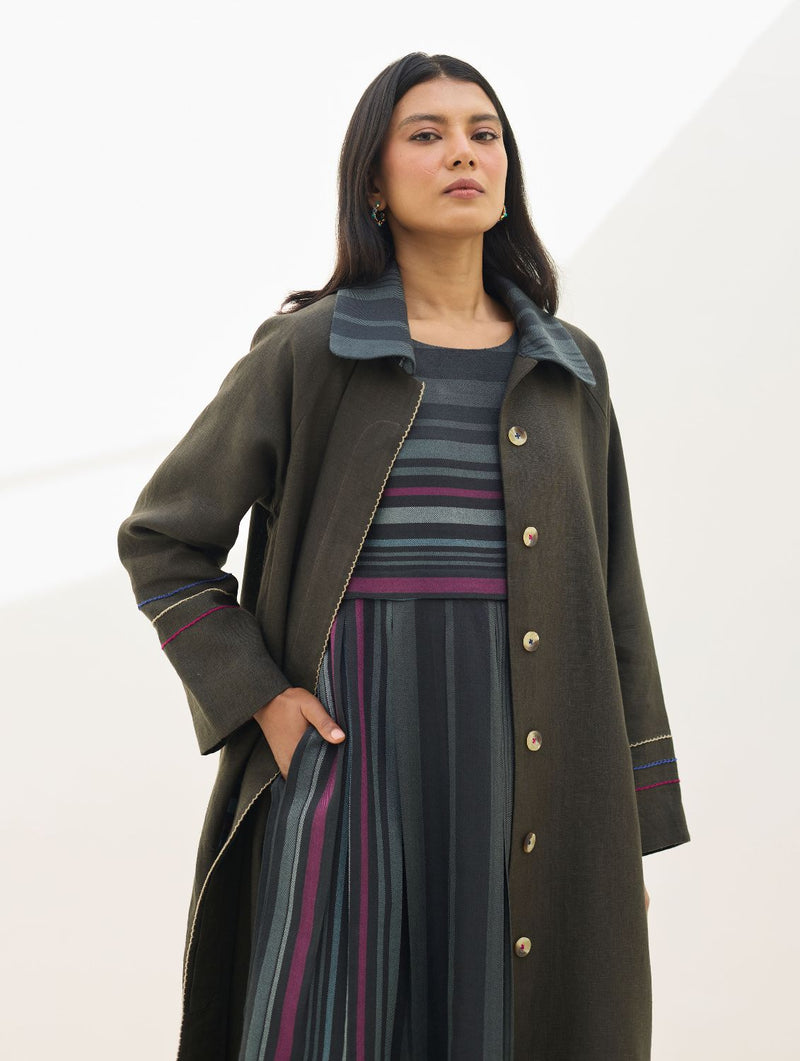 Juniper Linen Coat - Olive Charcoal all linen by Manan in charcoal color for women in Singapore
