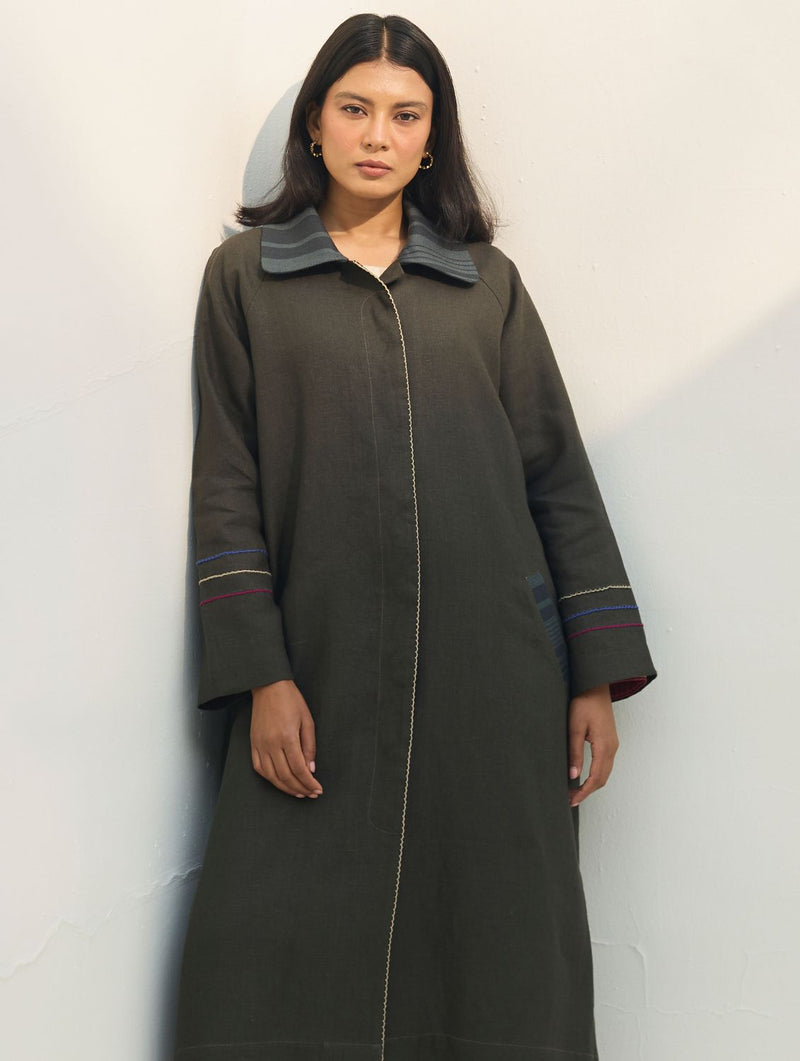 Juniper Linen Coat - Olive Charcoal all linen by Manan in charcoal color for women in Singapore