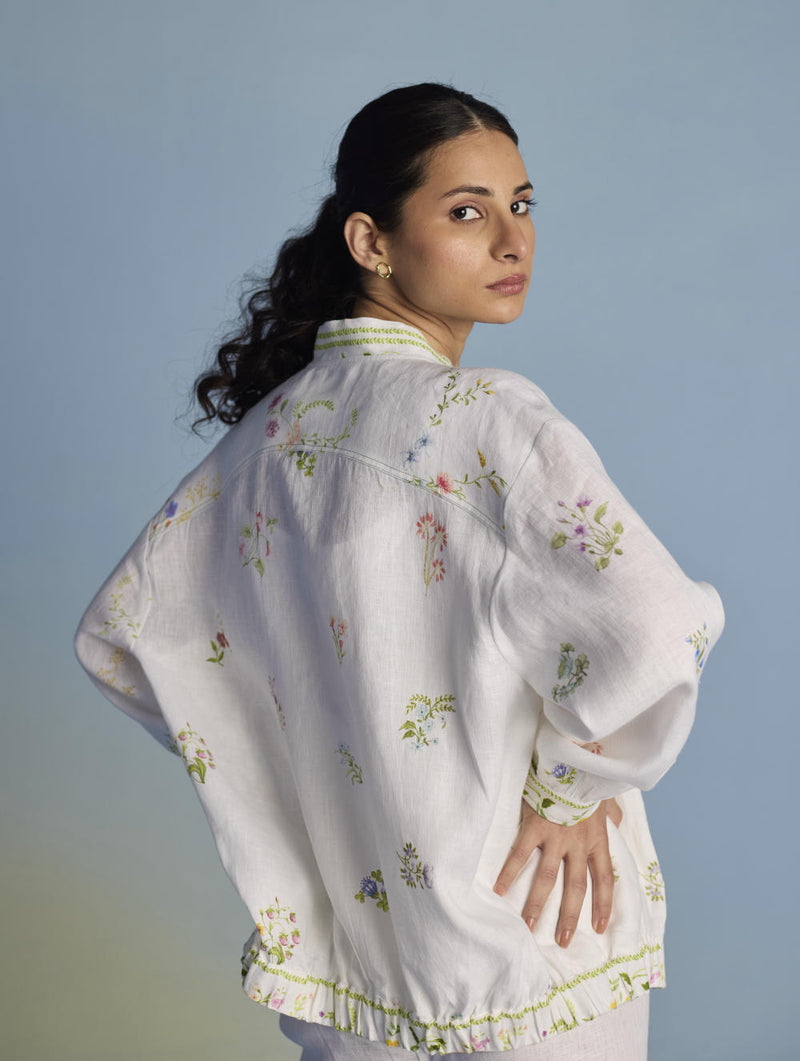 Kayu Floral Printed Bomber Jacket - White linen by Manan in white color for women in Singapore