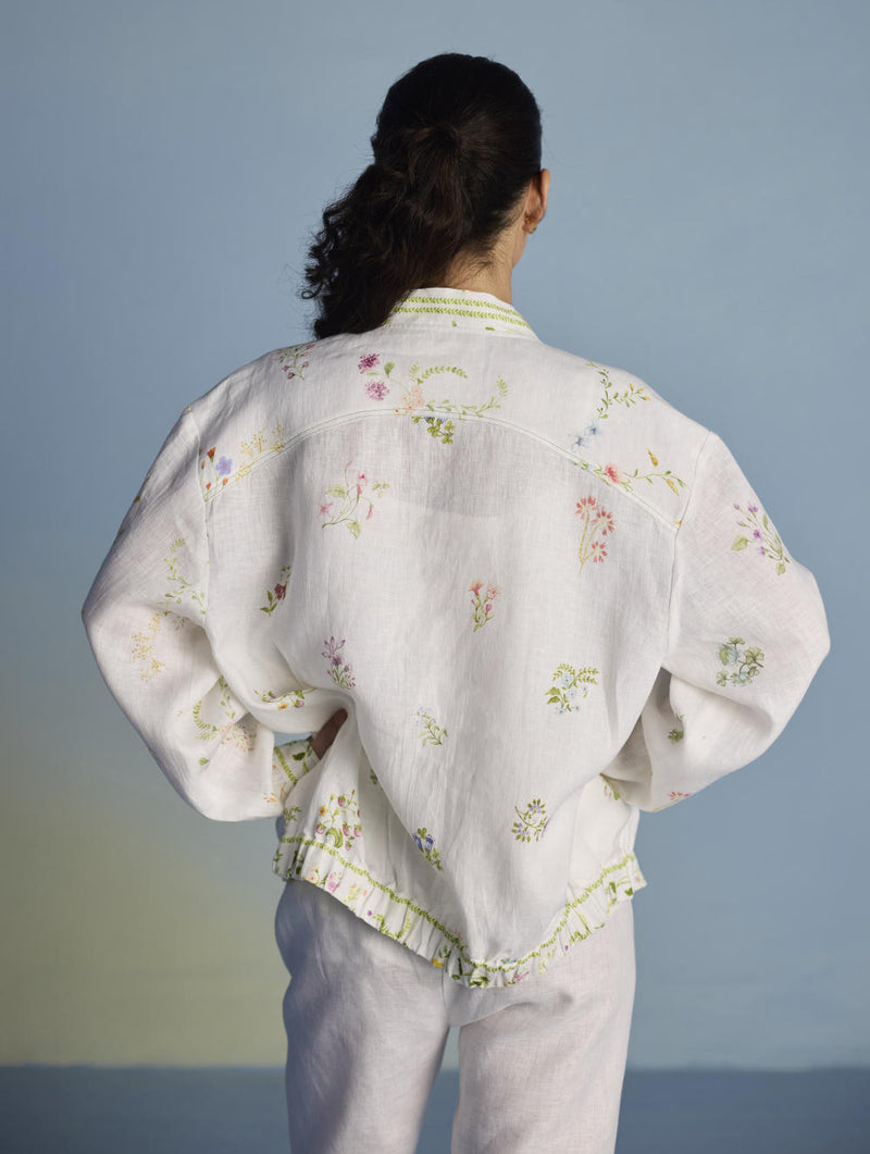 Kayu Floral Printed Bomber Jacket - White linen by Manan in white color for women in Singapore
