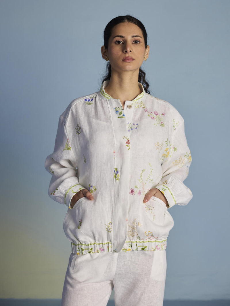 Kayu Floral Printed Bomber Jacket - White linen by Manan in white color for women in Singapore