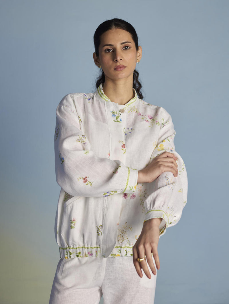 Kayu Floral Printed Bomber Jacket - White linen by Manan in white color for women in Singapore