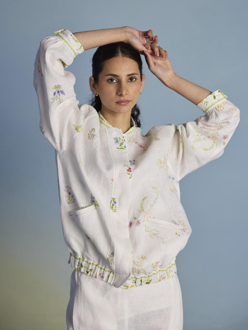 Kayu Floral Printed Bomber Jacket - White linen by Manan in white color for women in Singapore