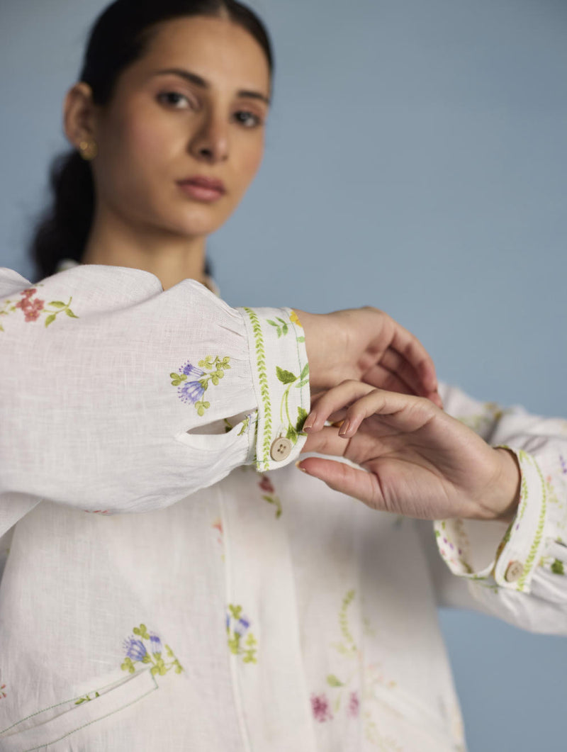 Kayu Floral Printed Bomber Jacket - White linen by Manan in white color for women in Singapore