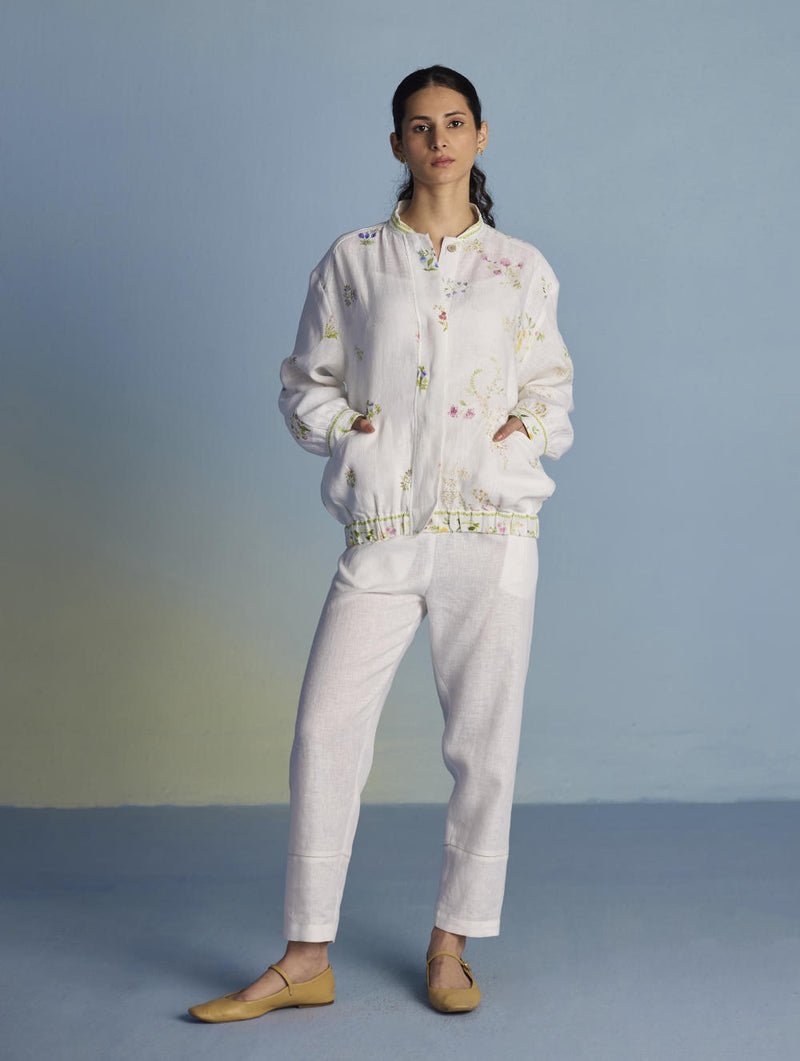 Kayu Floral Printed Bomber Jacket - White linen by Manan in white color for women in Singapore