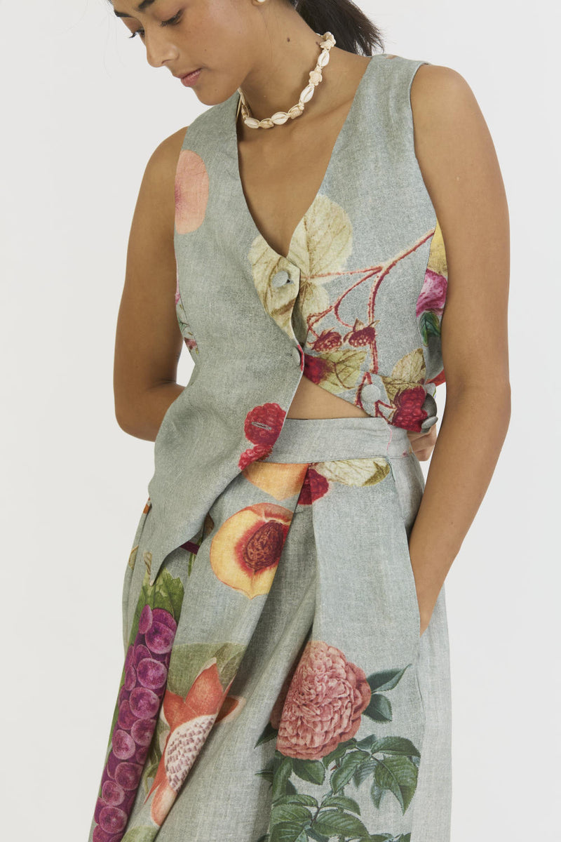 JUNIPER WAISTCOAT AND BOX PLEAT SKIRT linen by Yam in blue color for women in Singapore