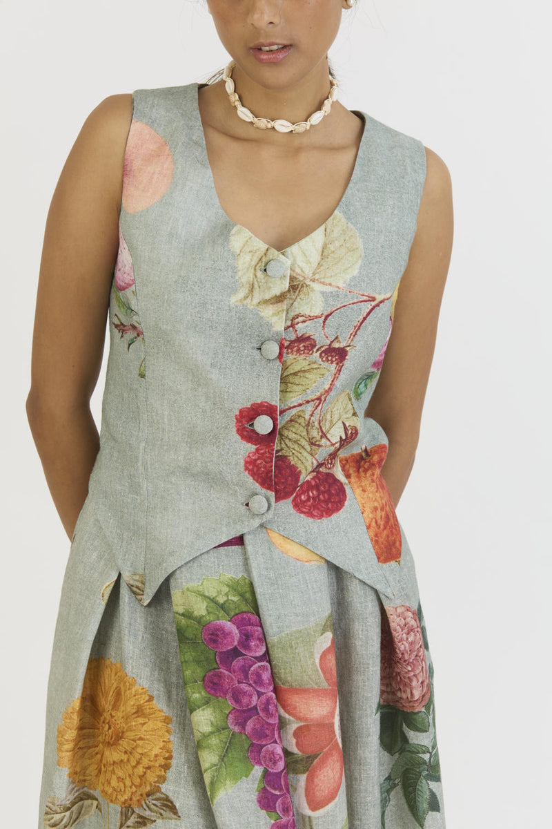 JUNIPER WAISTCOAT AND BOX PLEAT SKIRT linen by Yam in blue color for women in Singapore