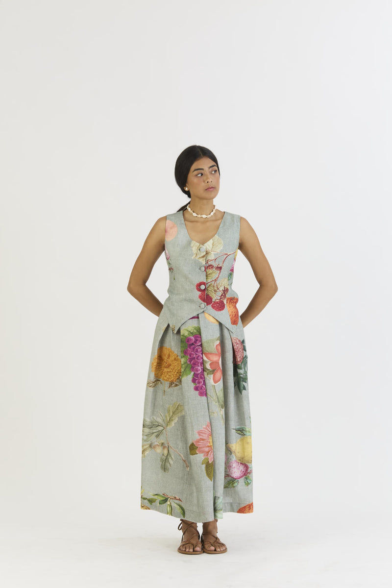 JUNIPER WAISTCOAT AND BOX PLEAT SKIRT linen by Yam in blue color for women in Singapore