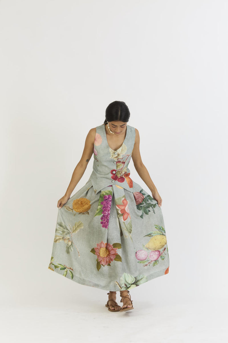 JUNIPER WAISTCOAT AND BOX PLEAT SKIRT linen by Yam in blue color for women in Singapore