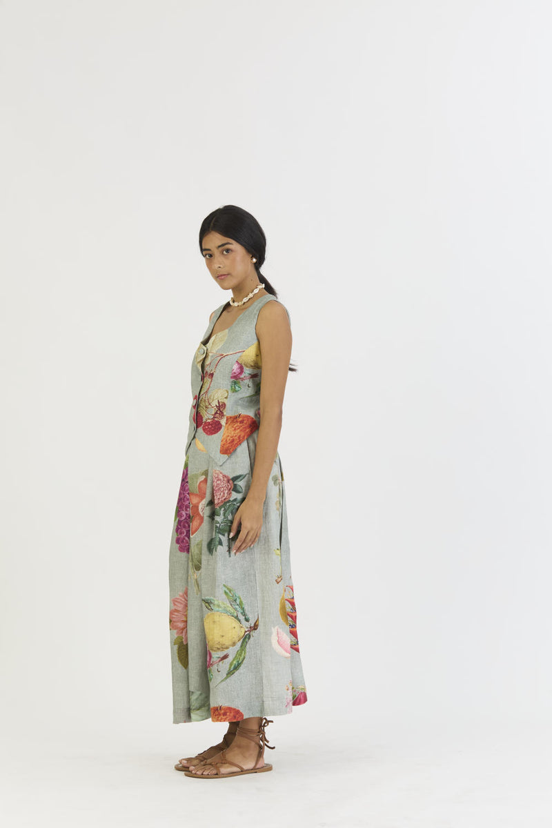 JUNIPER WAISTCOAT AND BOX PLEAT SKIRT linen by Yam in blue color for women in Singapore