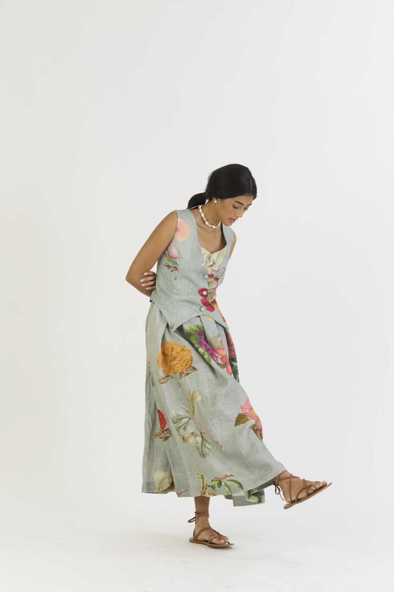 JUNIPER WAISTCOAT AND BOX PLEAT SKIRT linen by Yam in blue color for women in Singapore