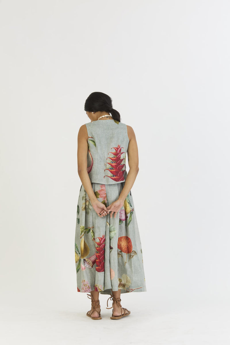 JUNIPER WAISTCOAT AND BOX PLEAT SKIRT linen by Yam in blue color for women in Singapore