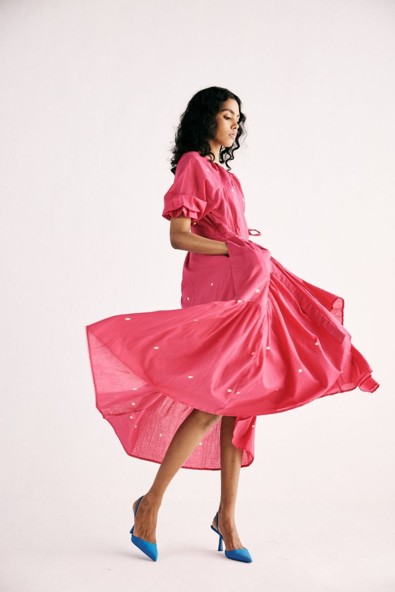 PINK POLKA WRAP DRESS cotton by Khara Kapas in pink for women in Singapore