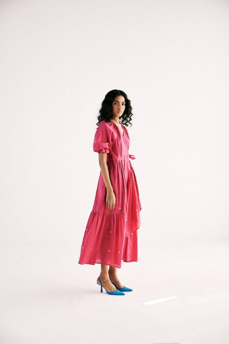 PINK POLKA WRAP DRESS cotton by Khara Kapas in pink for women in Singapore