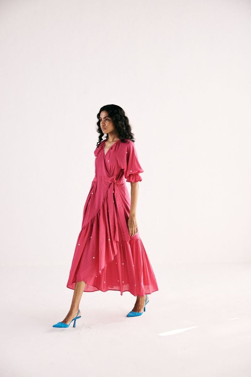 PINK POLKA WRAP DRESS cotton by Khara Kapas in pink for women in Singapore