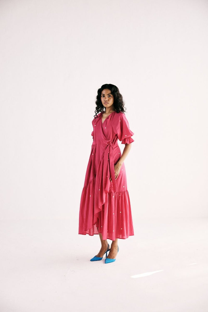 PINK POLKA WRAP DRESS cotton by Khara Kapas in pink for women in Singapore