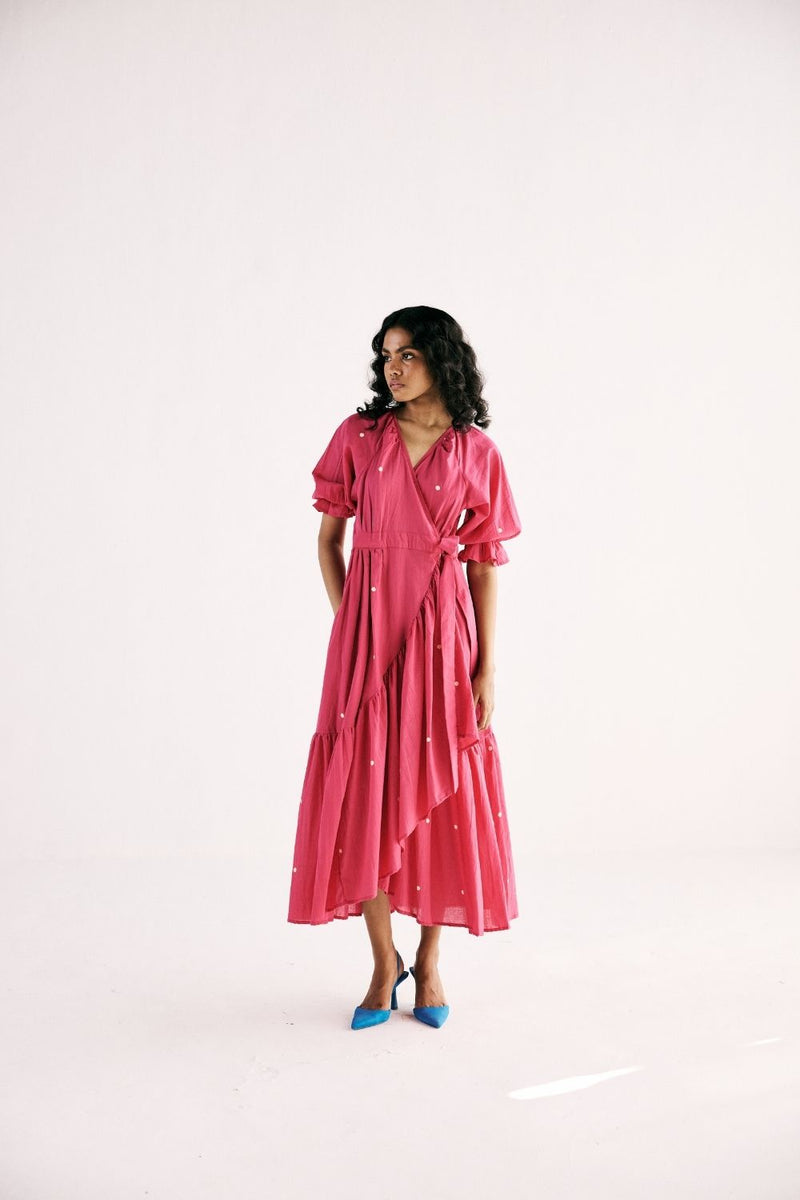 PINK POLKA WRAP DRESS cotton by Khara Kapas in pink for women in Singapore