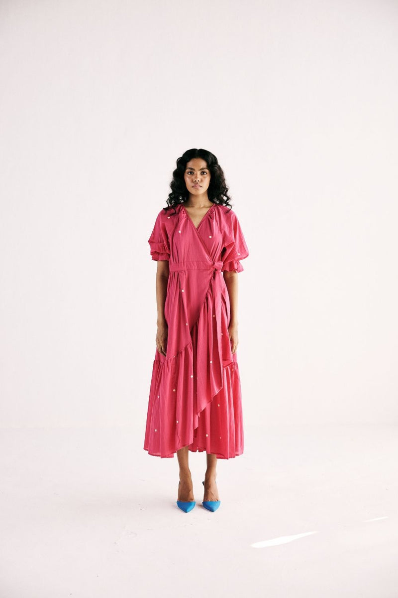 PINK POLKA WRAP DRESS cotton by Khara Kapas in pink for women in Singapore