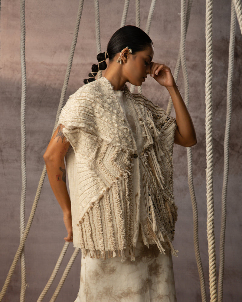Ivory Crushed Lace Embroidered Top crushed cotton jacket/overlay by Kritika Murarka in ivory for women in Singapore