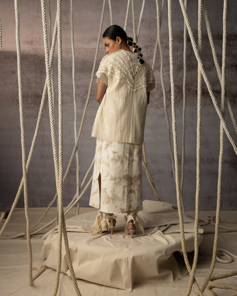 Ivory Crushed Lace Embroidered Top crushed cotton jacket/overlay by Kritika Murarka in ivory for women in Singapore