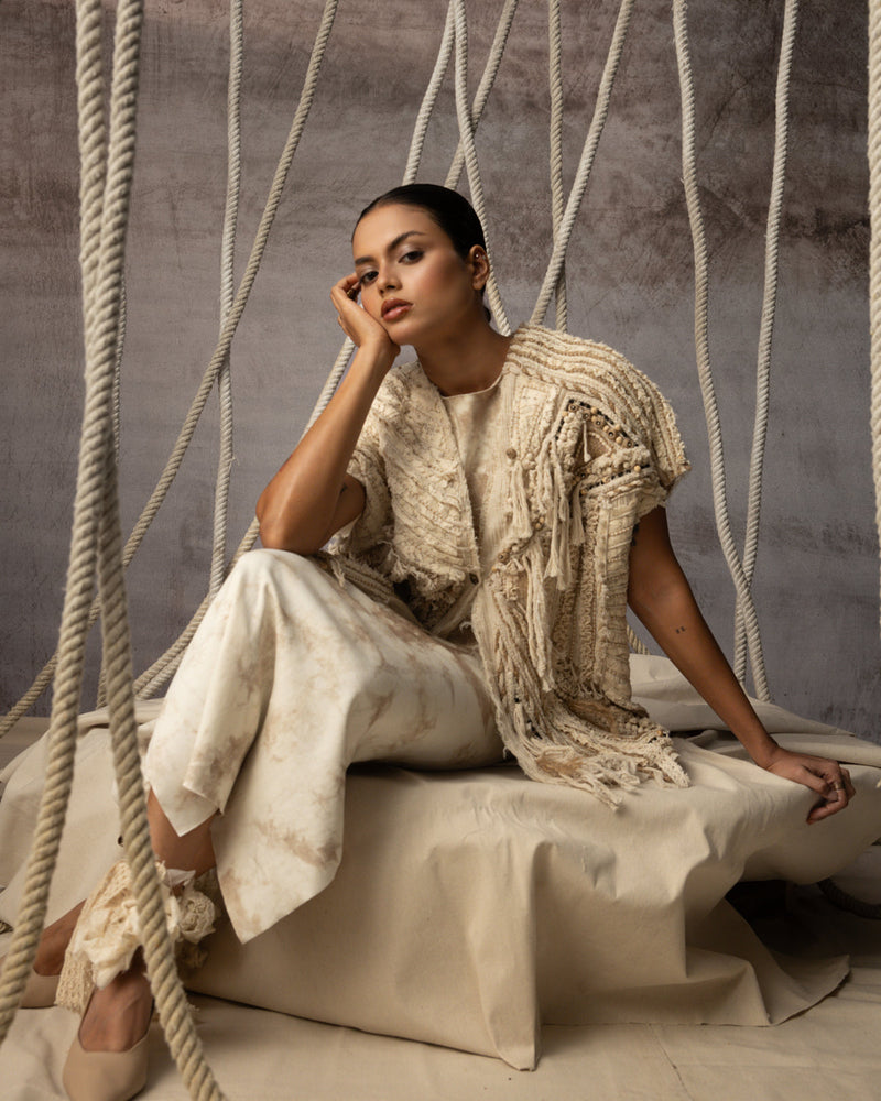Ivory Crushed Lace Embroidered Top crushed cotton jacket/overlay by Kritika Murarka in ivory for women in Singapore