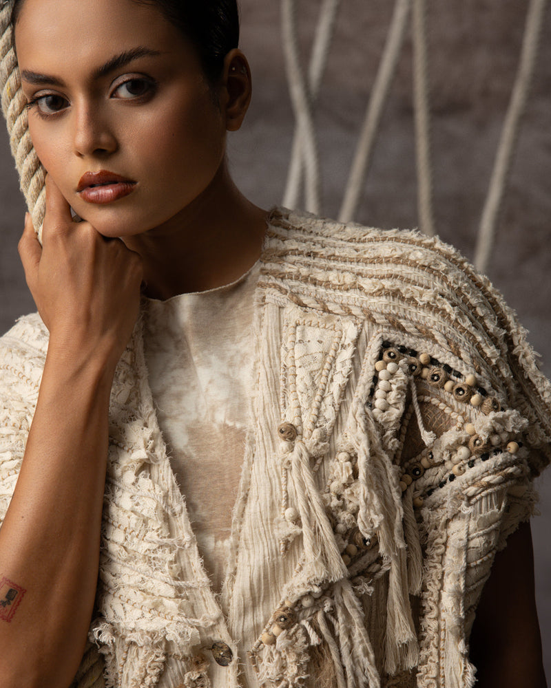 Ivory Crushed Lace Embroidered Top crushed cotton jacket/overlay by Kritika Murarka in ivory for women in Singapore