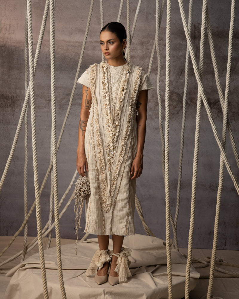 Ivory Lace Embroidered Midi crushed cotton dress by Kritika Murarka in ivory for women in Singapore