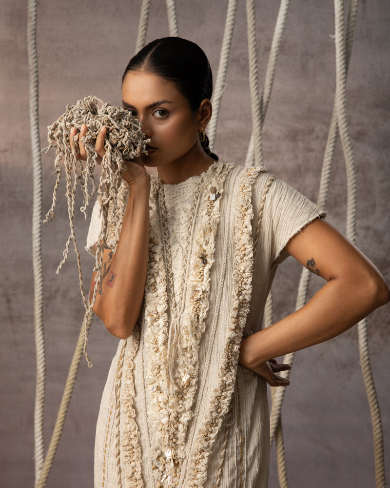 Ivory Lace Embroidered Midi crushed cotton dress by Kritika Murarka in ivory for women in Singapore