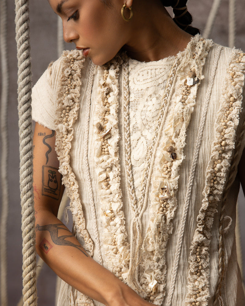 Ivory Lace Embroidered Midi crushed cotton dress by Kritika Murarka in ivory for women in Singapore