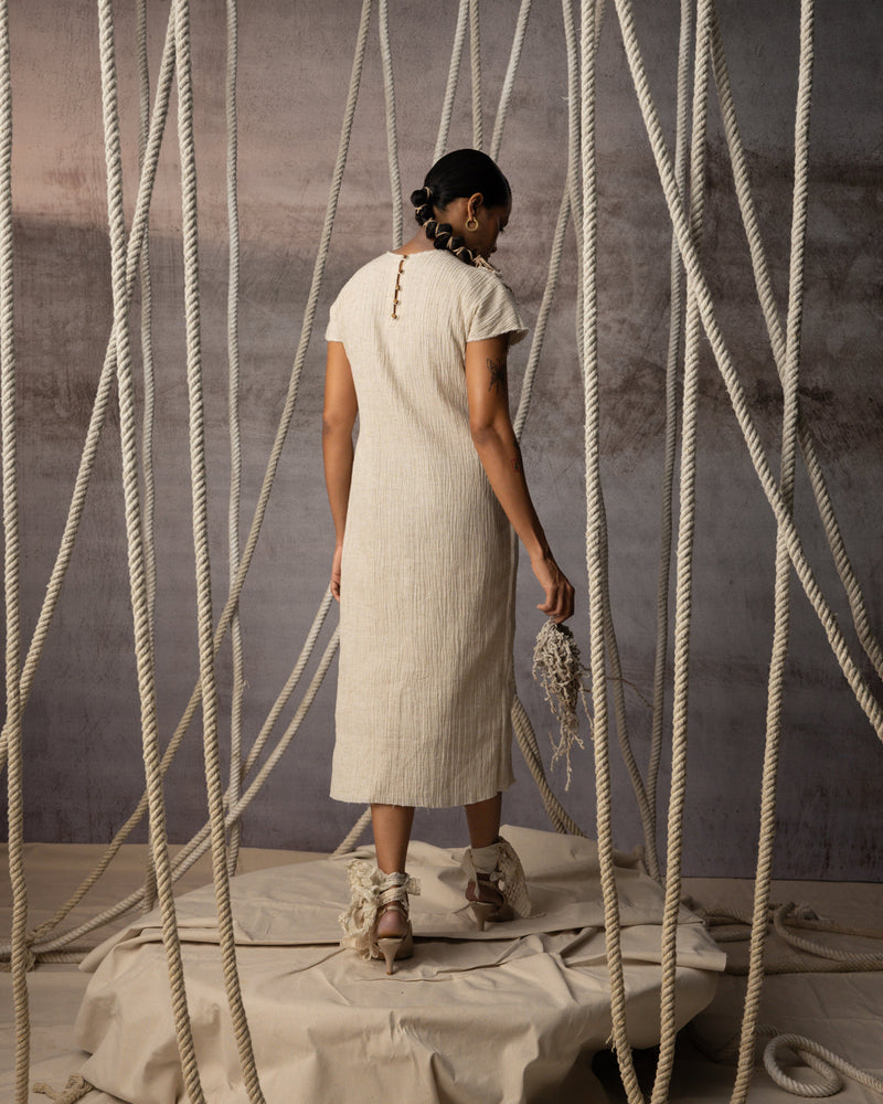 Ivory Lace Embroidered Midi crushed cotton dress by Kritika Murarka in ivory for women in Singapore