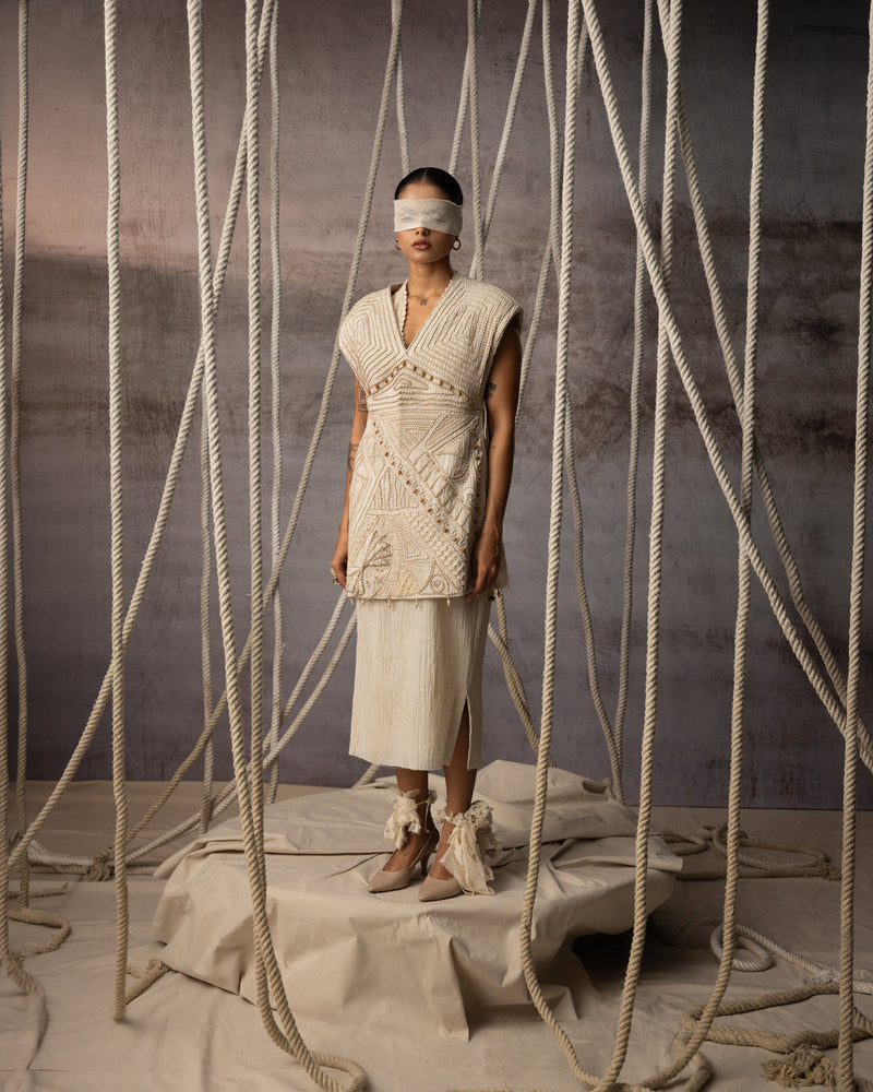 Ivory Crushed Pencil Skirt crushed cotton skirt by Kritika Murarka in ivory for women in Singapore
