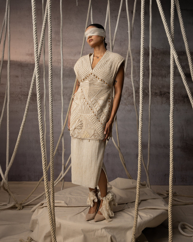 Ivory Crushed Pencil Skirt crushed cotton skirt by Kritika Murarka in ivory for women in Singapore