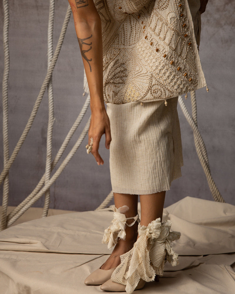 Ivory Cord Embroidered Side-Tie Bib crushed cotton jacket/overlay by Kritika Murarka in ivory for women in Singapore