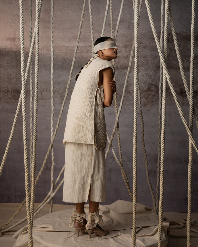 Ivory Crushed Pencil Skirt crushed cotton skirt by Kritika Murarka in ivory for women in Singapore