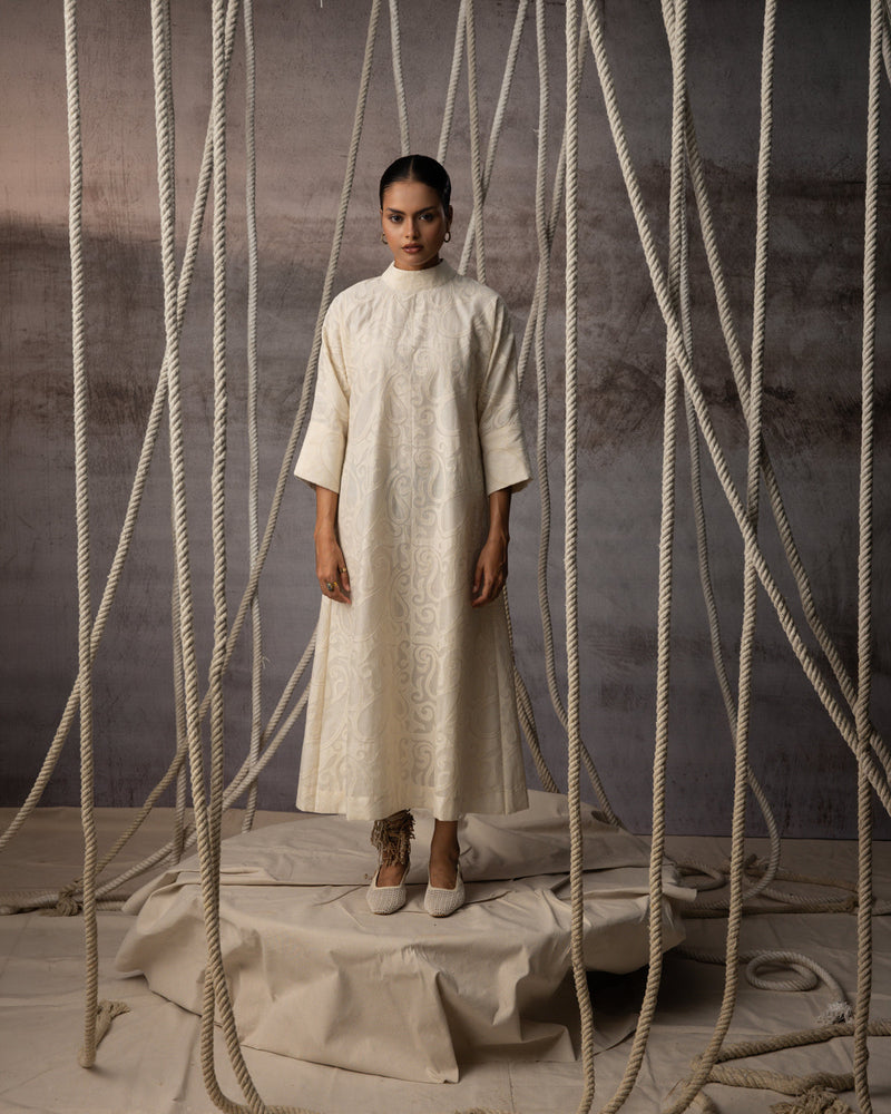 Ivory Appliqué A-Line Dress chanderi cotton silk dress by Kritika Murarka in ivory for women in Singapore