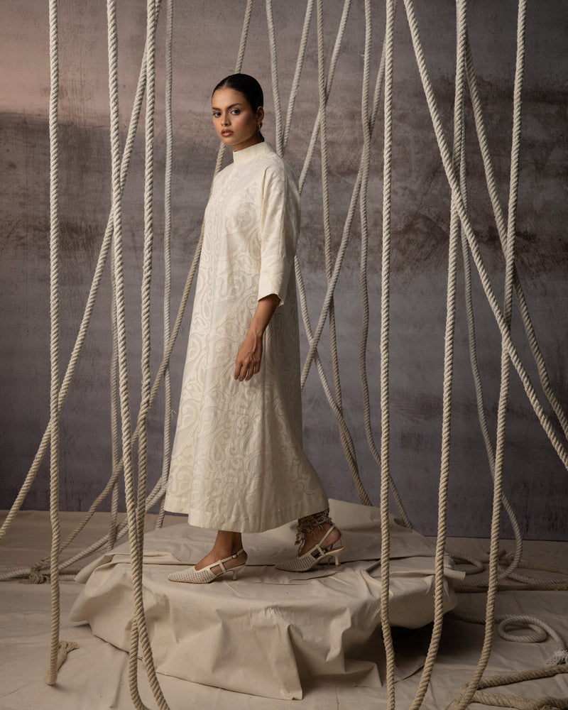 Ivory Appliqué A-Line Dress chanderi cotton silk dress by Kritika Murarka in ivory for women in Singapore