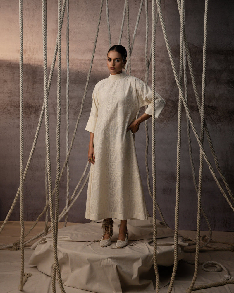 Ivory Appliqué A-Line Dress chanderi cotton silk dress by Kritika Murarka in ivory for women in Singapore