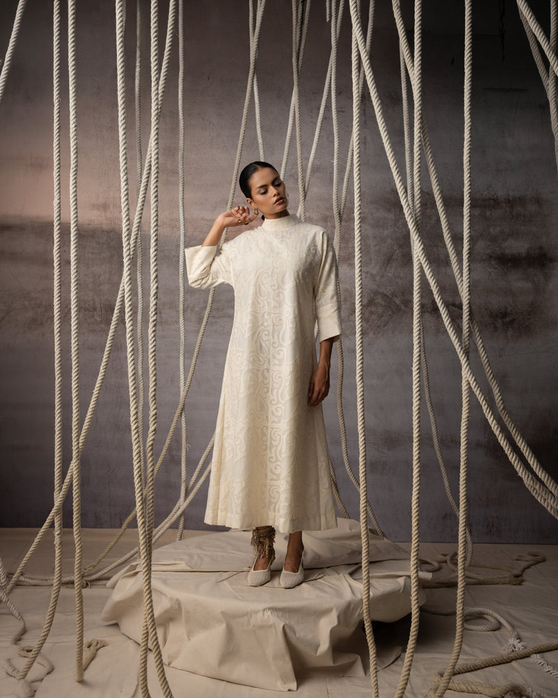 Ivory Appliqué A-Line Dress chanderi cotton silk dress by Kritika Murarka in ivory for women in Singapore