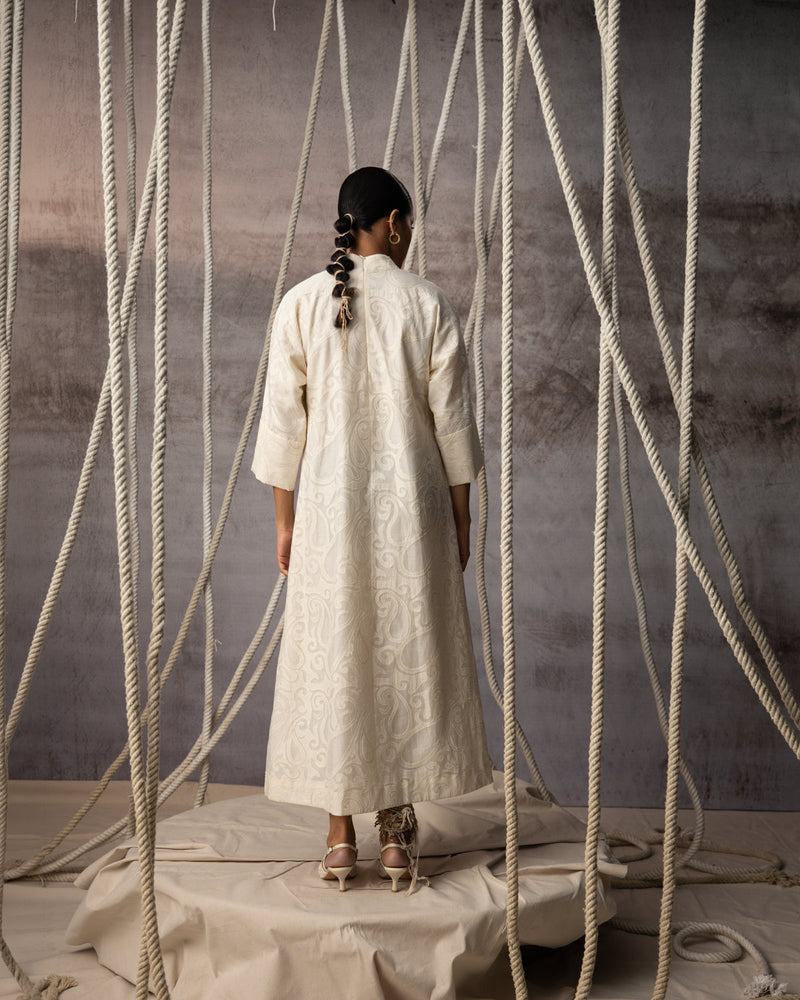 Ivory Appliqué A-Line Dress chanderi cotton silk dress by Kritika Murarka in ivory for women in Singapore