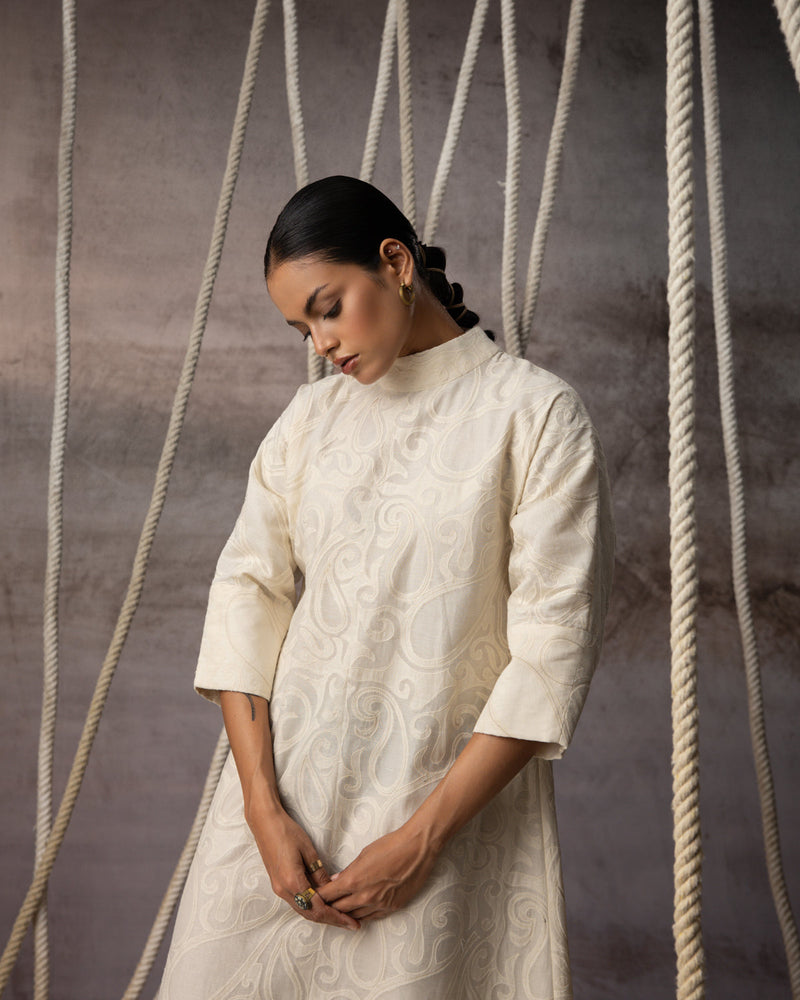 Ivory Appliqué A-Line Dress chanderi cotton silk dress by Kritika Murarka in ivory for women in Singapore
