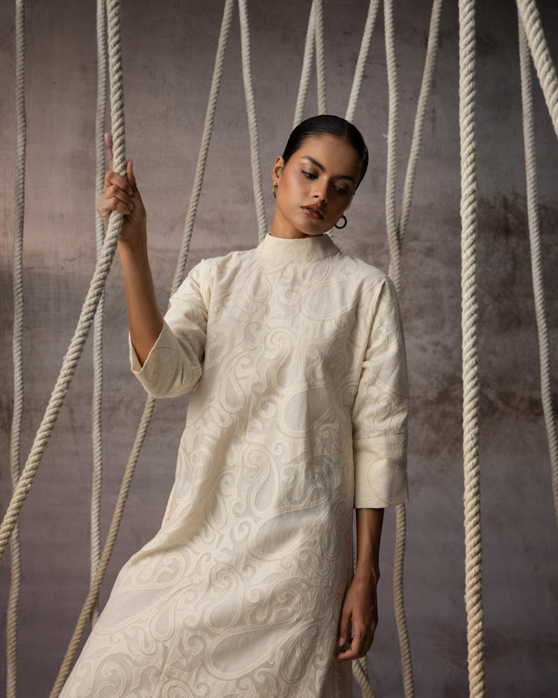 Ivory Appliqué A-Line Dress chanderi cotton silk dress by Kritika Murarka in ivory for women in Singapore